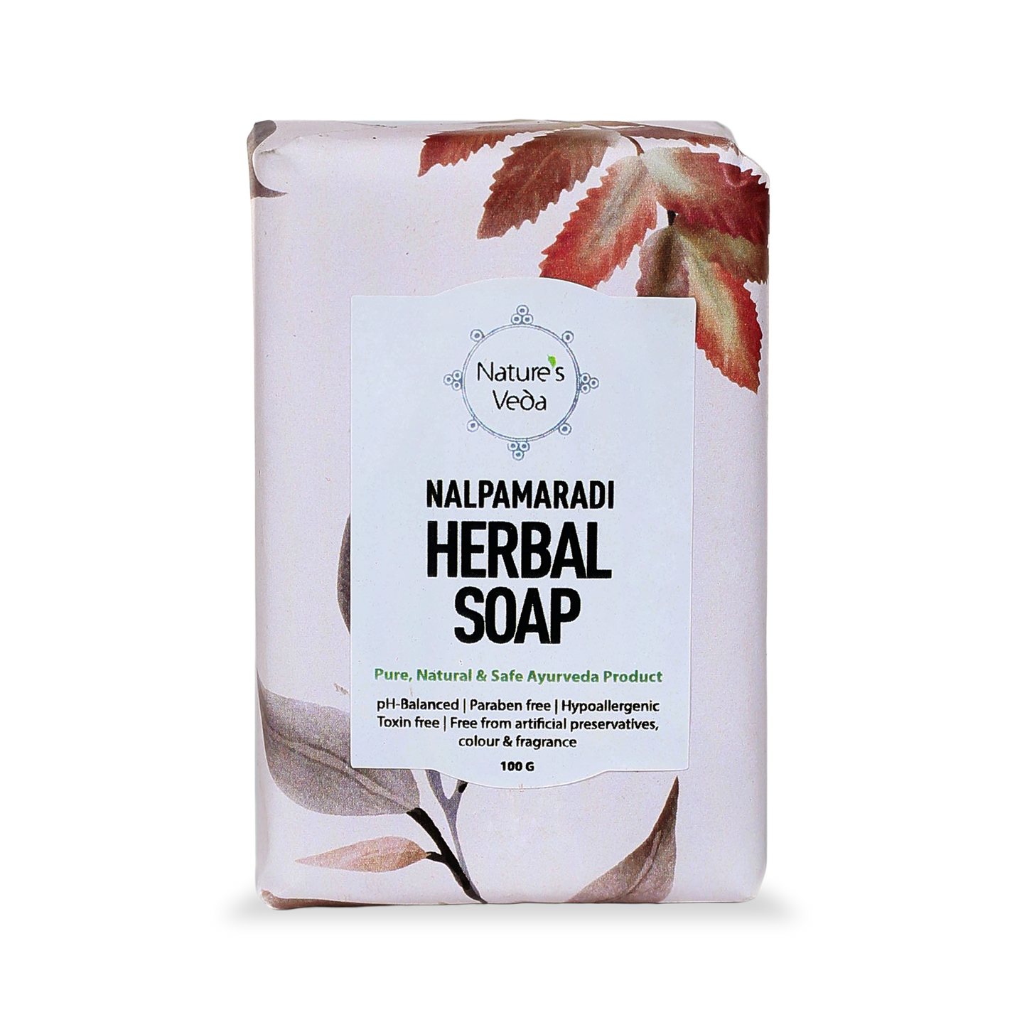 Nature's Veda Nalpamaradi Herbal Soap with leaf design on packaging